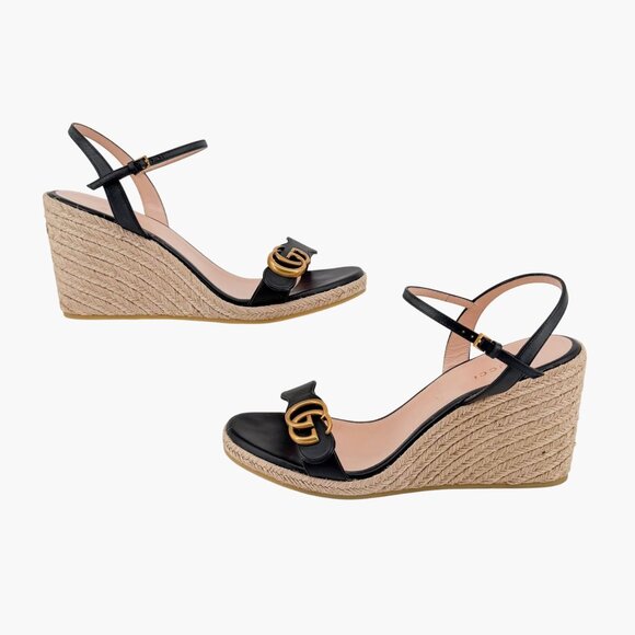 Gucci Aitana GG Marmont Black Leather Espadrille Wedge Sandals Size 41 US 11 - Picture 8 of 14